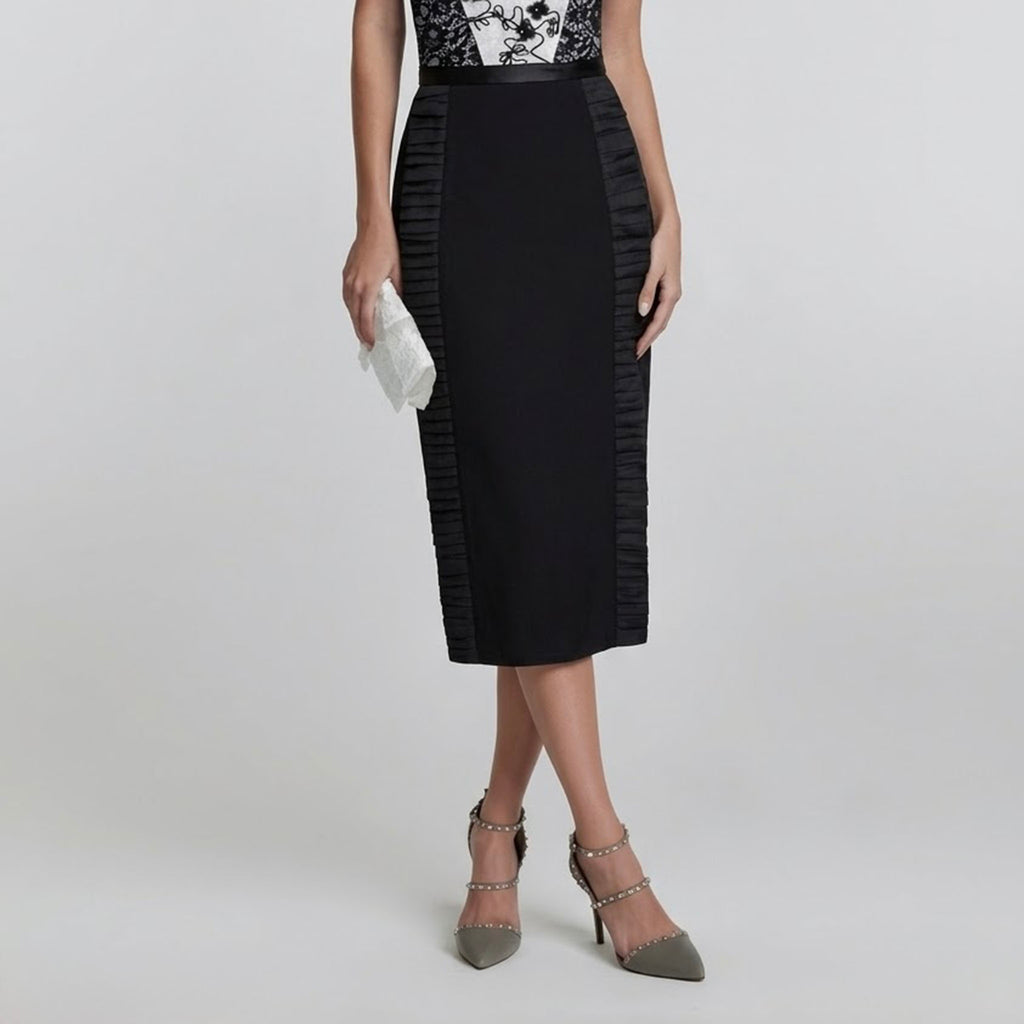 Falda Tubo Negra Midi | Falda Lápiz Elegante con Plisado Lateral